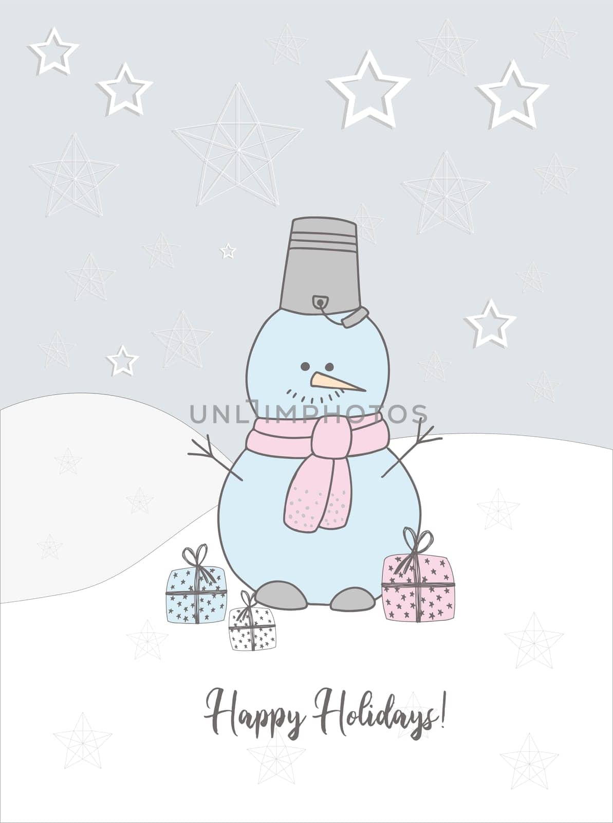 New Year's card of 2021. Cute snowman in a scarf illustration. Winter hand drawn card. winter holiday