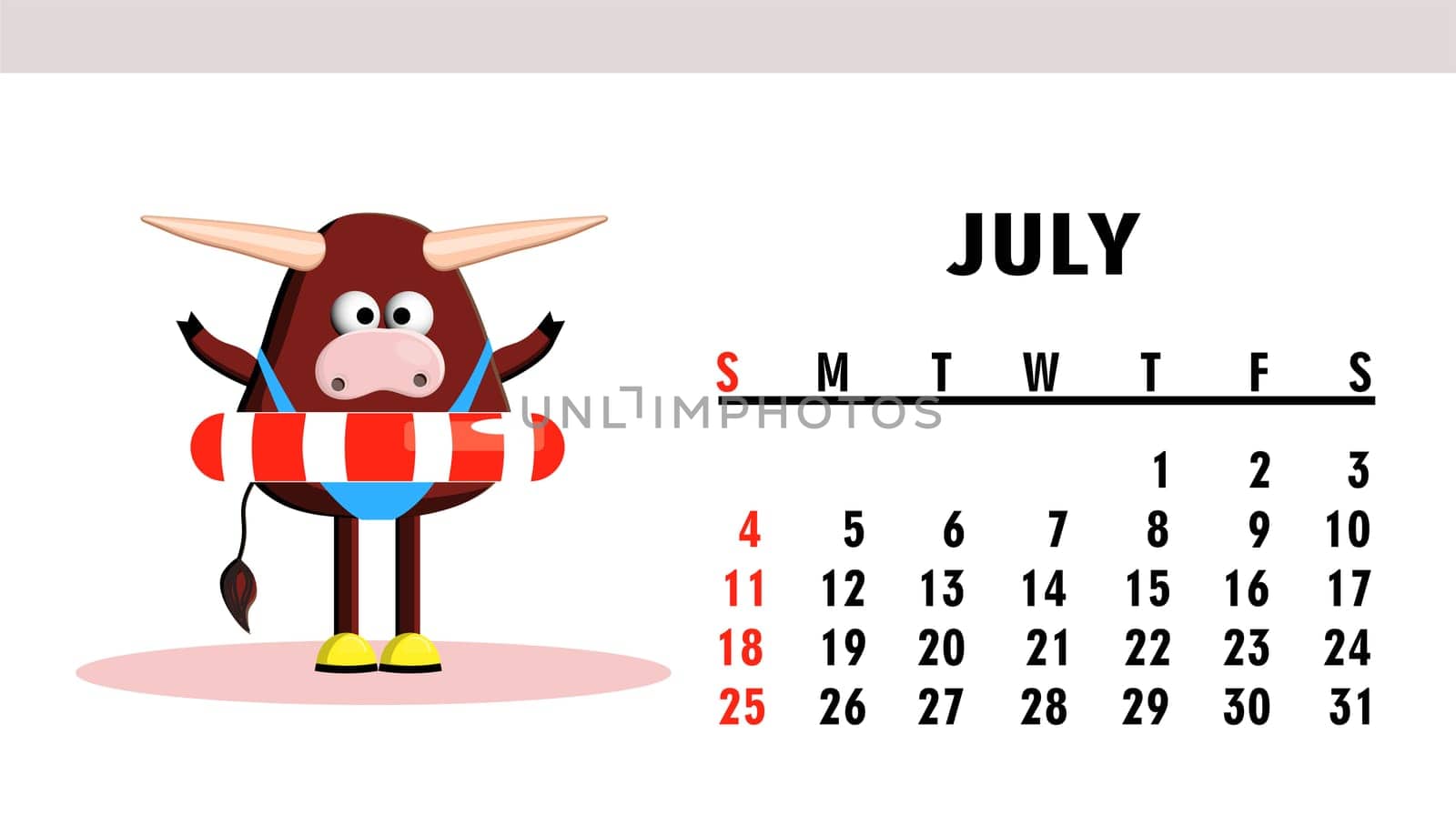 Calendar page 2021. Calendar horizontal with bulls or oxen. Ox character. July