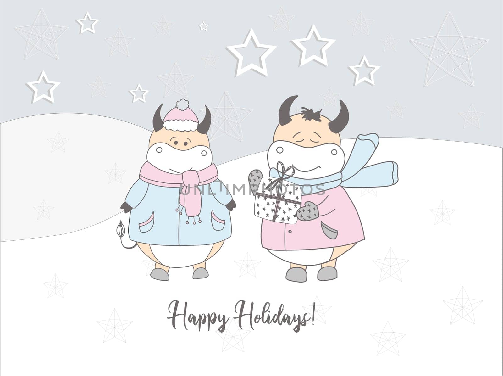 banner 2021 symbol of the year of the ox. Christmas poster horizontal. Caption: happy holidays. Bulls in the snow. Greeting card. Pastel delicate colors.