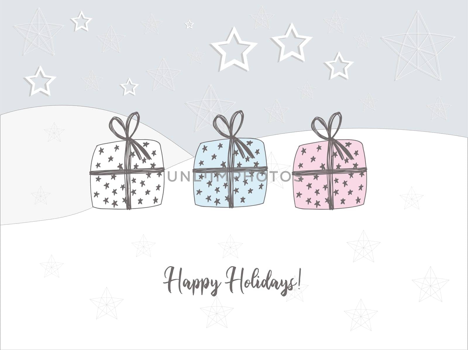 Christmas poster horizontal. Caption: happy holidays. Gift in the snow. Greeting card. Pastel delicate colors.