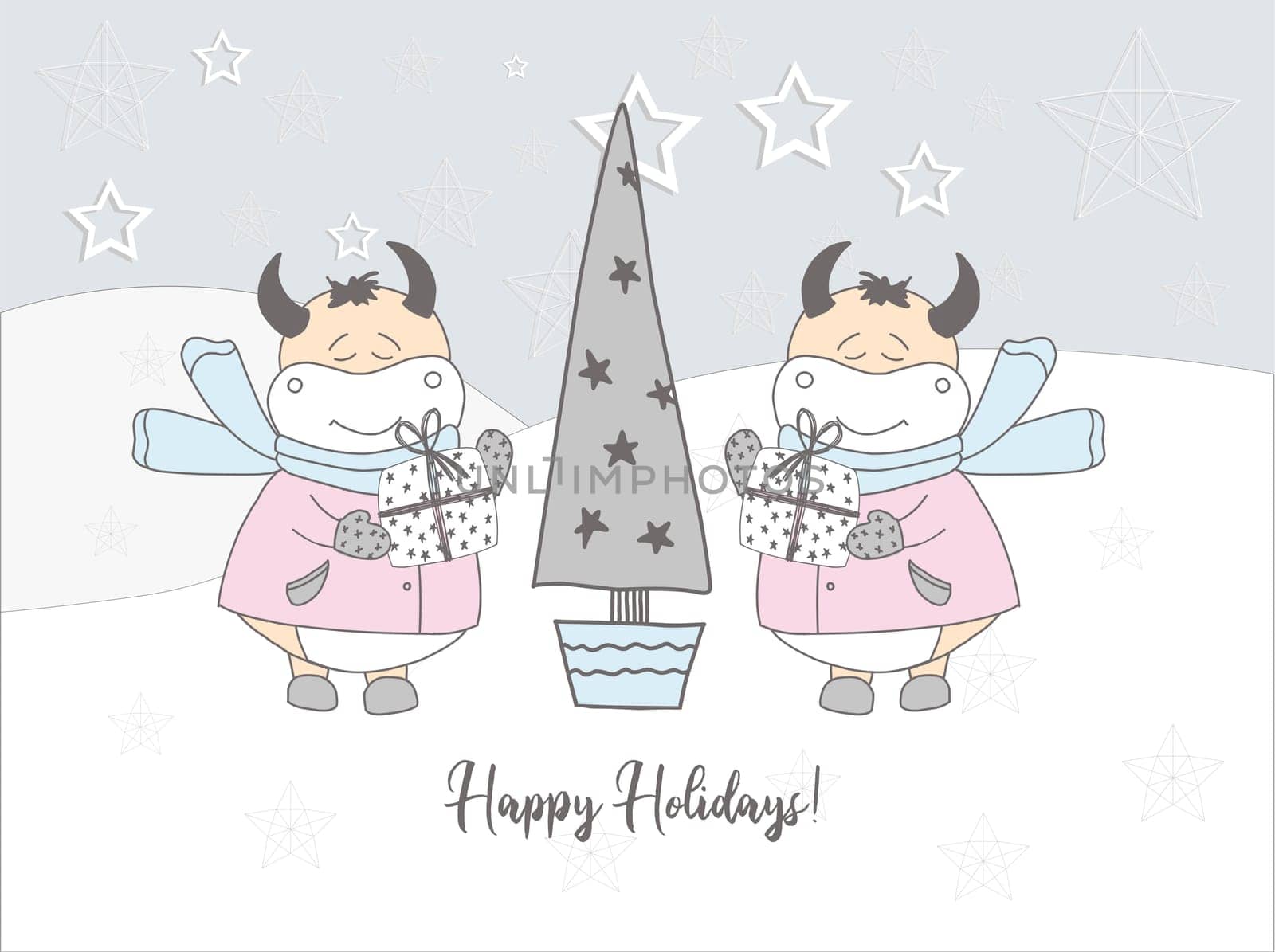 Bulls in the snow. Greeting card. Pastel delicate colors.