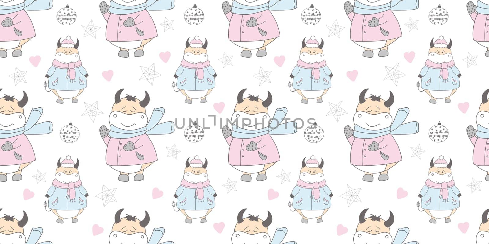2021 symbol of the year ox. Christmas pattern. Bulls in the snow. Design for wrapping paper, fabric and clothing. Pastel delicate colors.