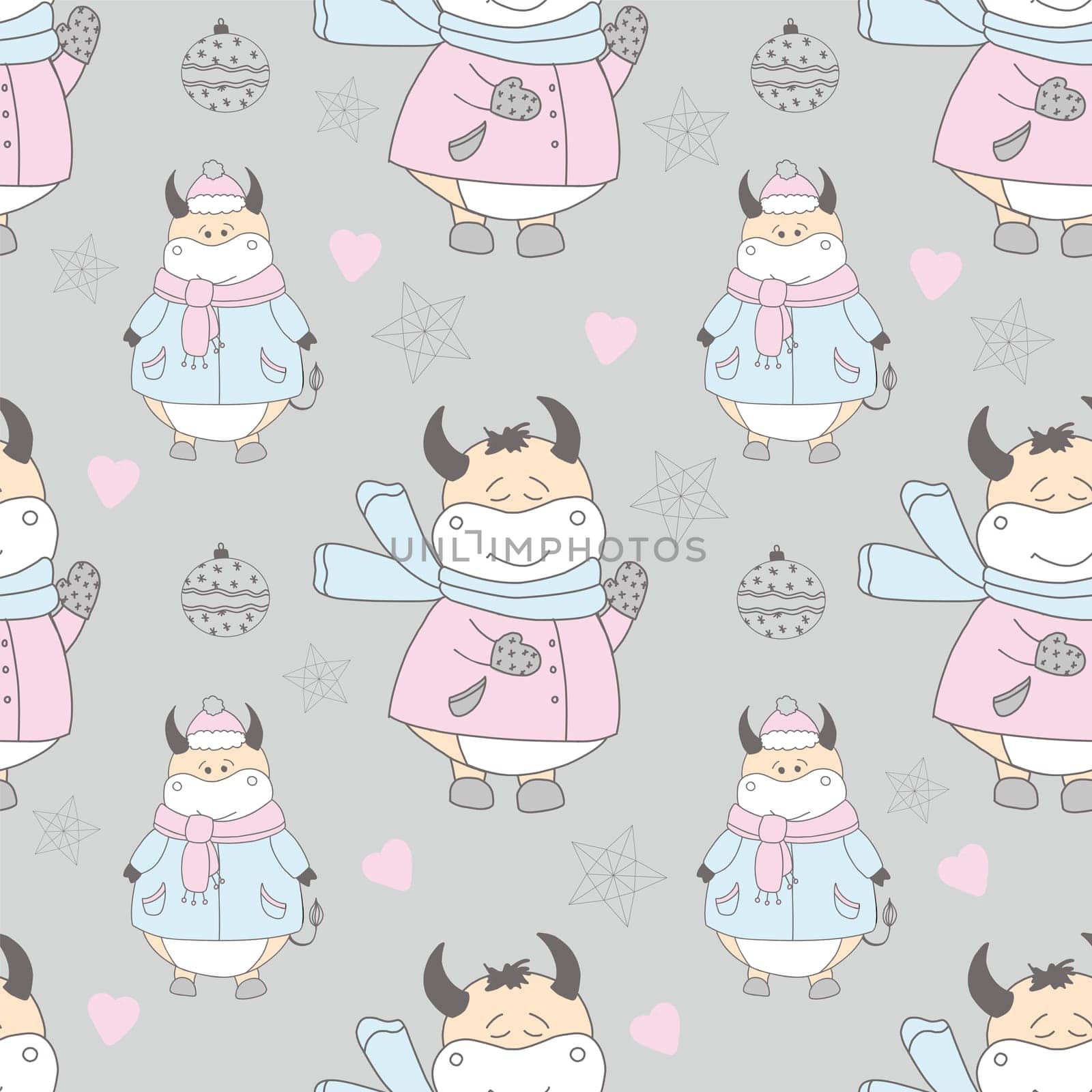New Year pattern with a bull. Ox symbol of 2021. Funny ox illustration. Wrapping paper, christmas textile design.