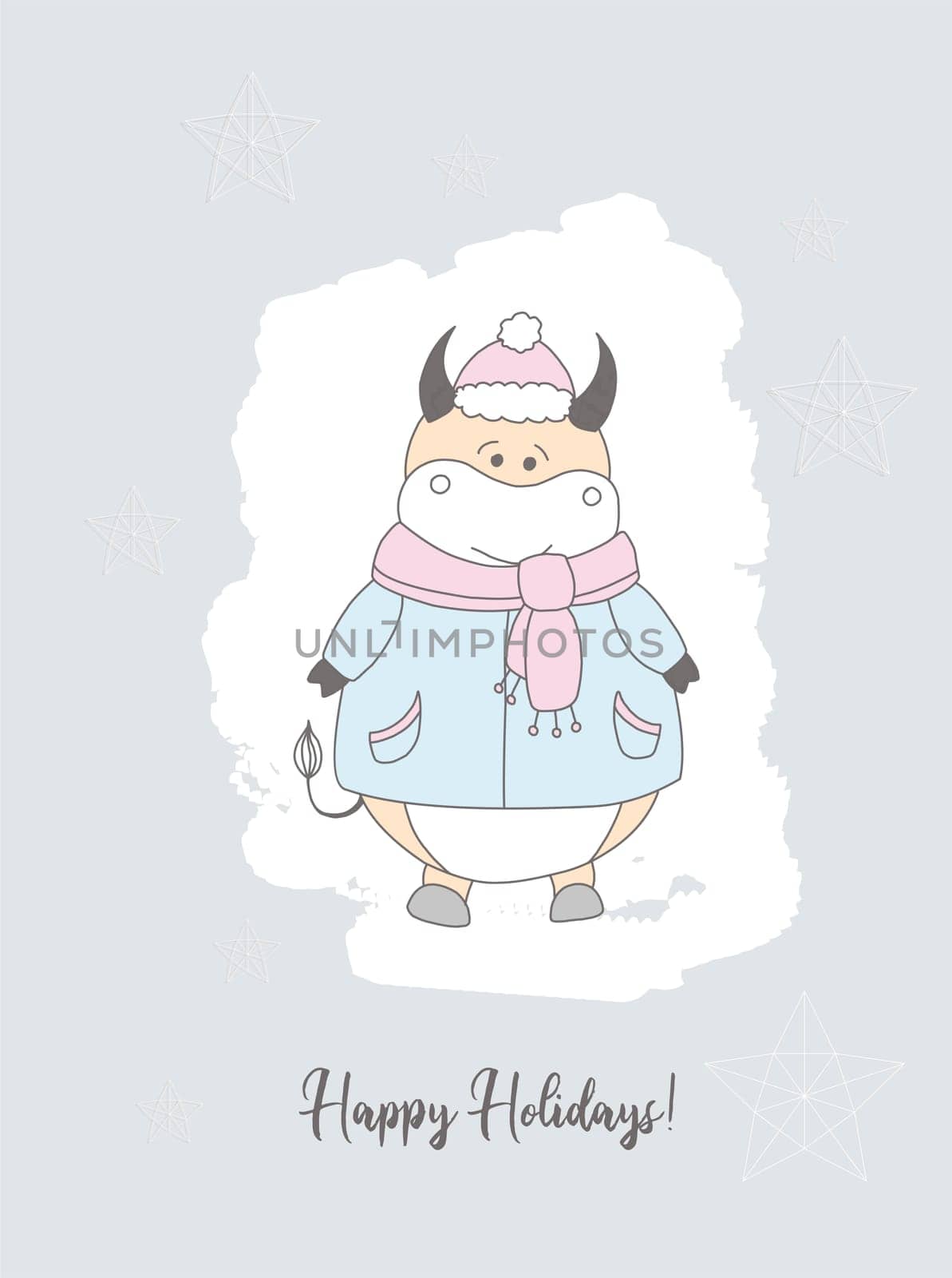 Christmas card. Year of the bull postcard. Poster. Ox character.