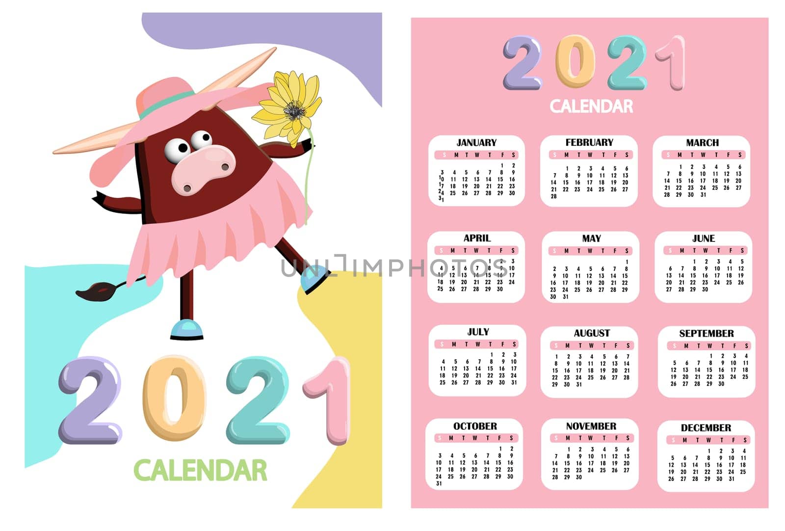 bull, white bull calendar or A4 planner for 2021 with cartoon kawaii, bull or cow, New Year symbol ox