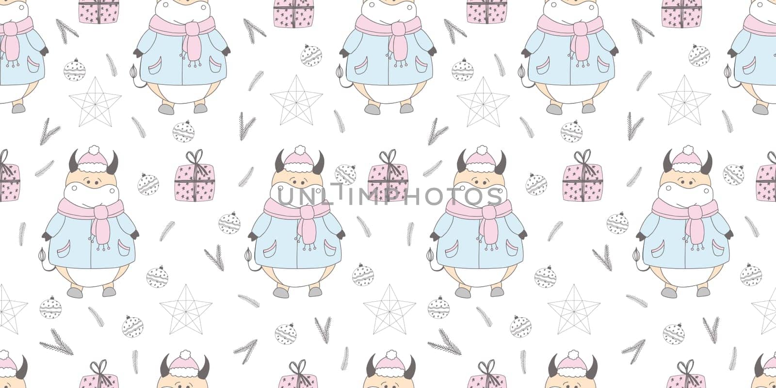 New Year pattern with a bull. Ox symbol of 2021. Funny ox illustration. Wrapping paper, christmas textile design.
