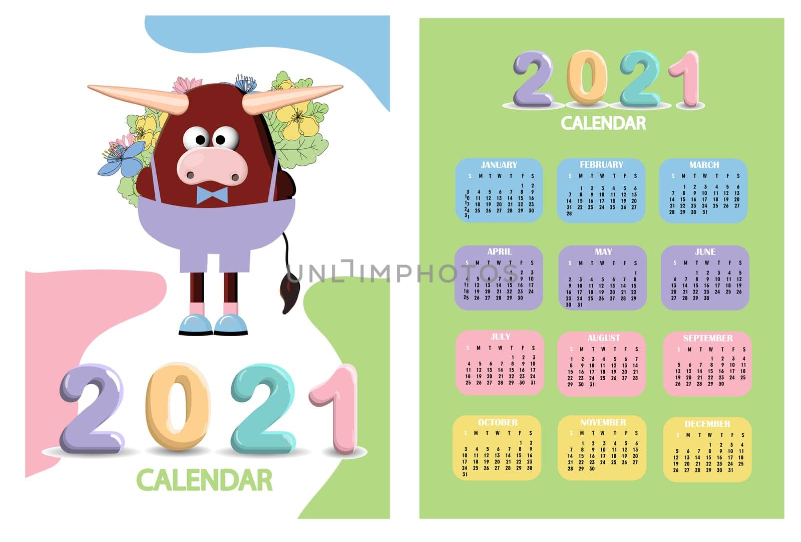 bull, white bull calendar or A4 planner for 2021 with cartoon ox, bull or cow, new year symbol, cute characters - cover and 12 monthly pages. Week starts on SUNDAY, printable template.