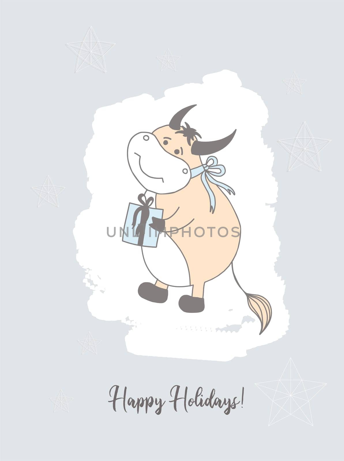 Year of the bull. Funny bulls characters. Cute ox in clothes. Symbol of 2021. Christmas card