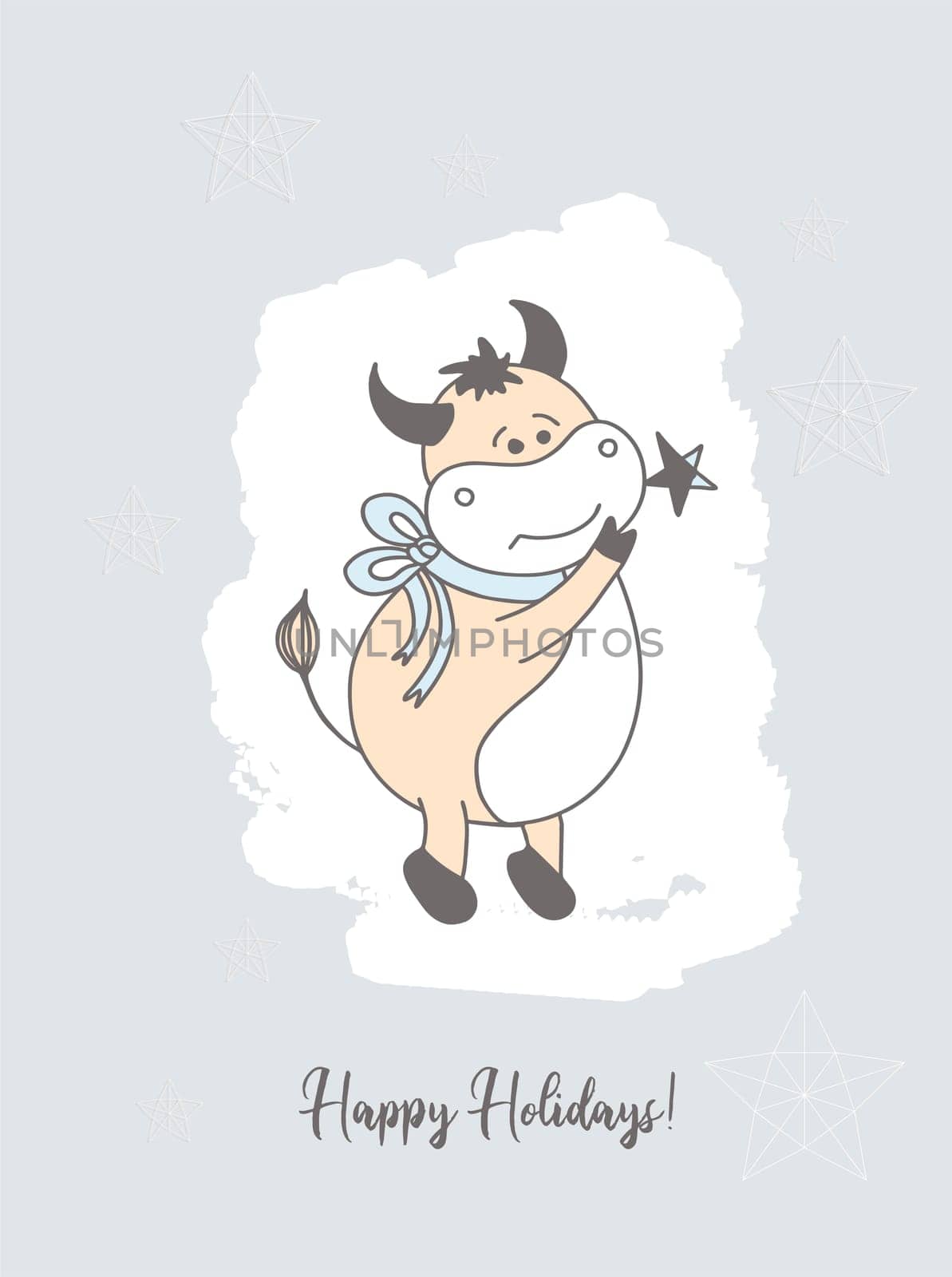 Christmas card. Year of the bull postcard. Poster. Ox character.