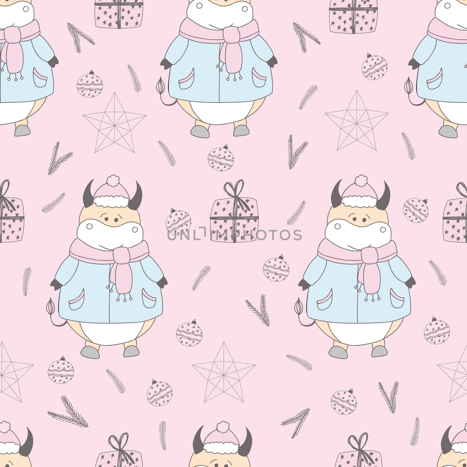 2021 symbol of the year. ox. Christmas pattern. Bulls in the snow. Design for wrapping paper, fabric and clothing. Pastel delicate colors.