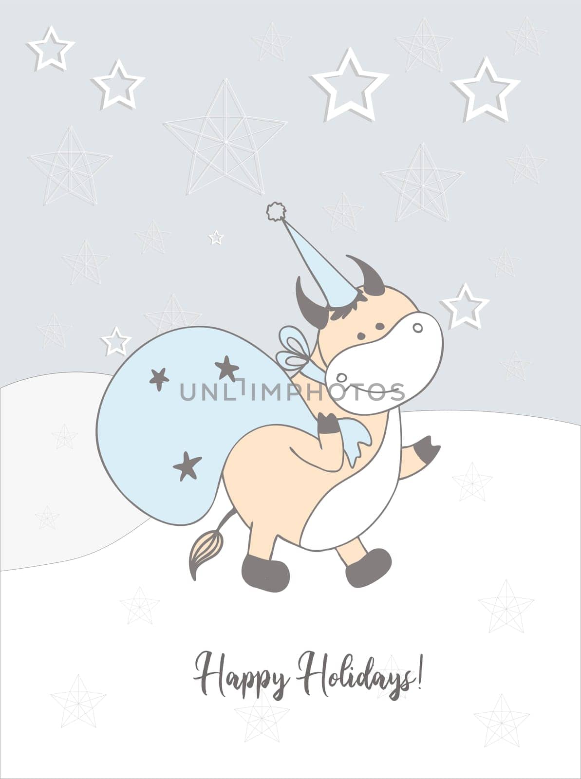 New Year's card of 2021. a wave or a bull. Winter hand drawn card. happy Holidays