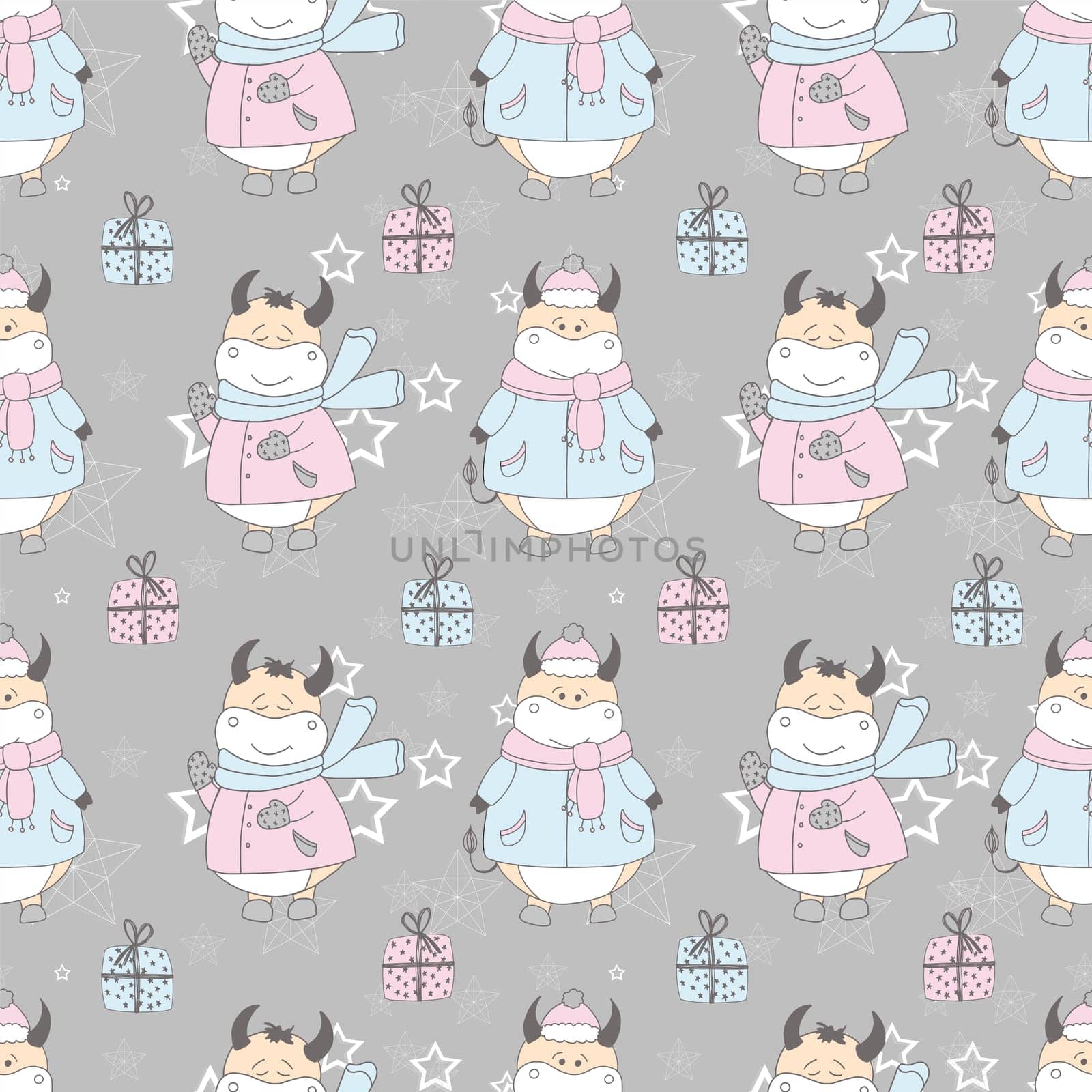 2021 symbol of the year ox. Christmas pattern. Bulls in the snow. Design for wrapping paper, fabric and clothing. Pastel delicate colors.