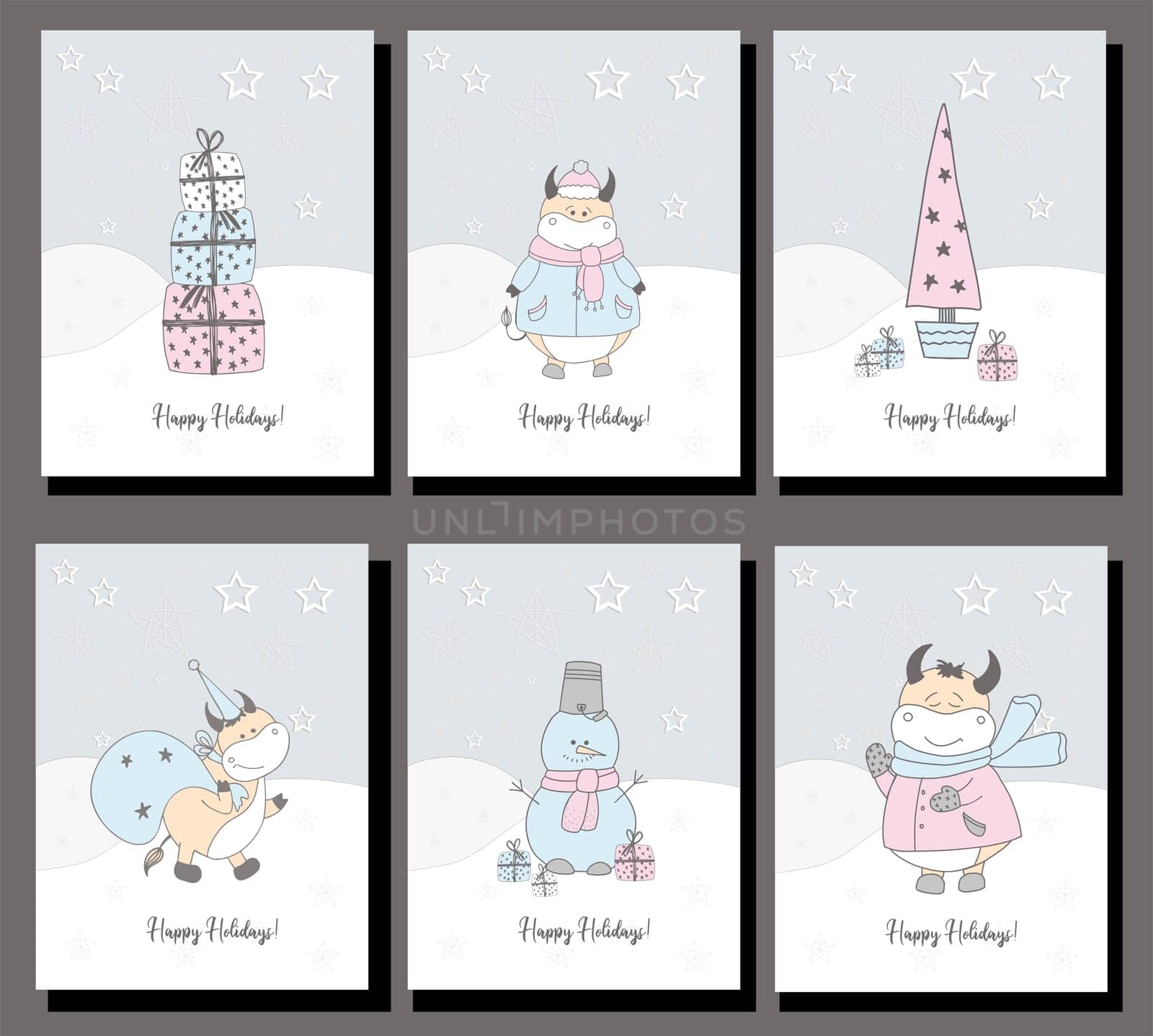 happy holidays. 2021 symbol of the year of the ox. Set of six christmas cards. New Year's bulls. Pastel delicate colors.