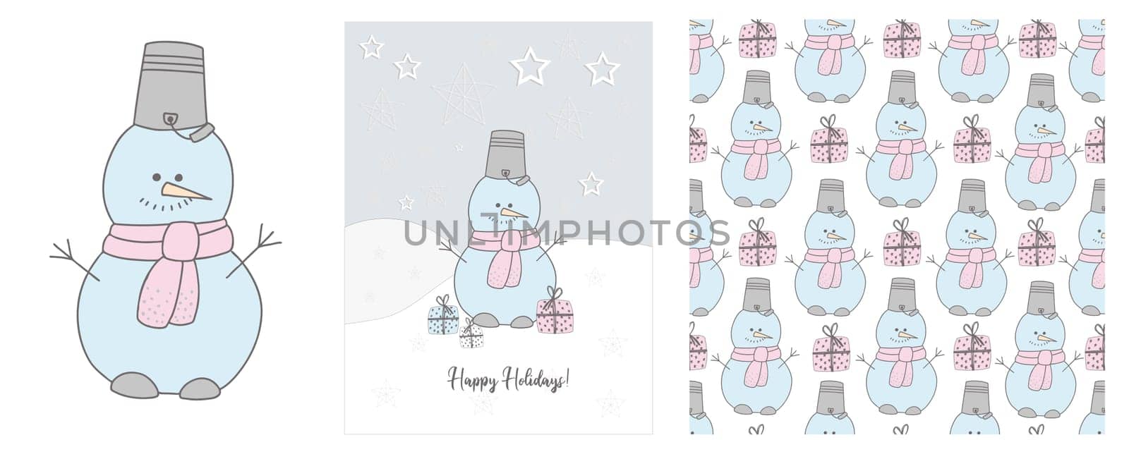 Cute snowman in a scarf illustration. Winter hand drawn cards and seamless pattern. snow. 2021. Happy holidays. Christmas and New Year.