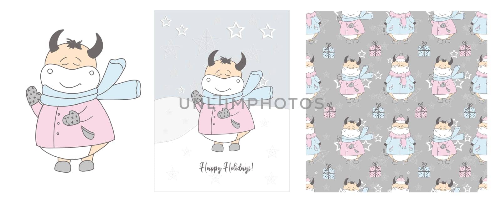 Cute ox in a scarf illustration. Winter hand drawn cards and seamless pattern. Bull. 2021. Happy holidays. Christmas and New Year.