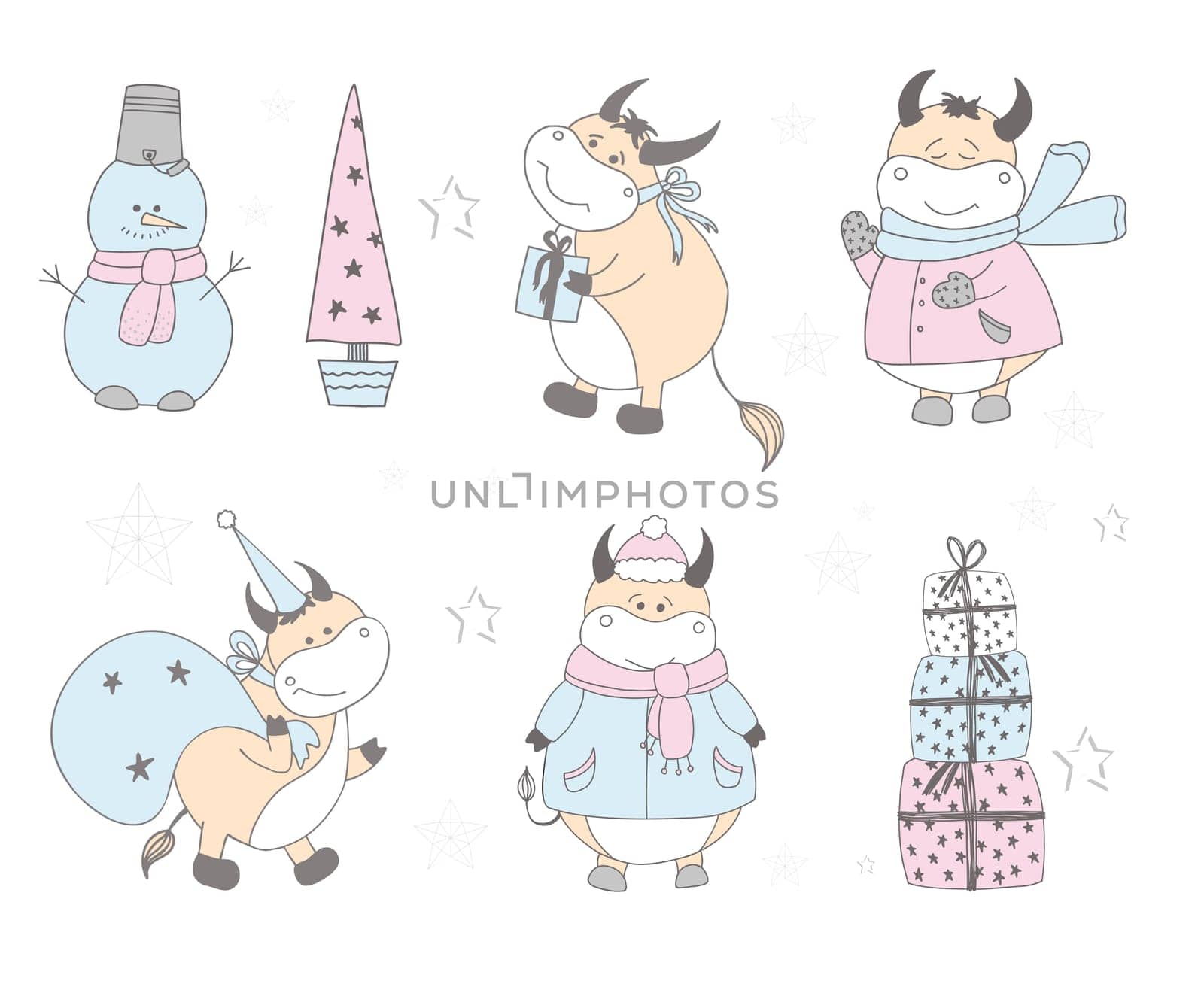 Christmas and New Year design set. Festive decoration elements: Noel, snowman, snowflakes, gifts. ox or bull character. For cards, posters, banners tags