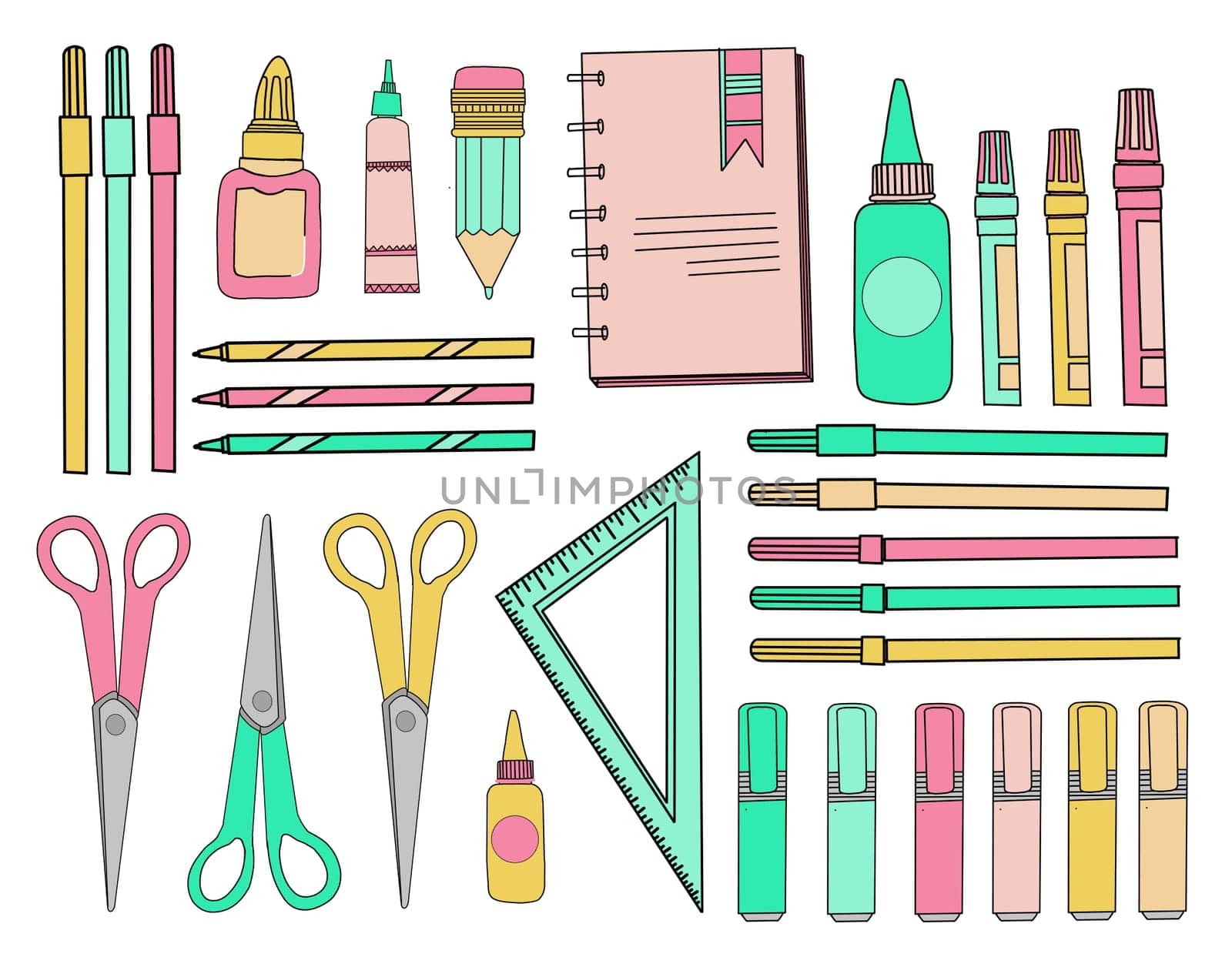school sticker set. School accessories. Stationery on a white isolated background. Scissors, triangle ruler, pencils, pens and markers.