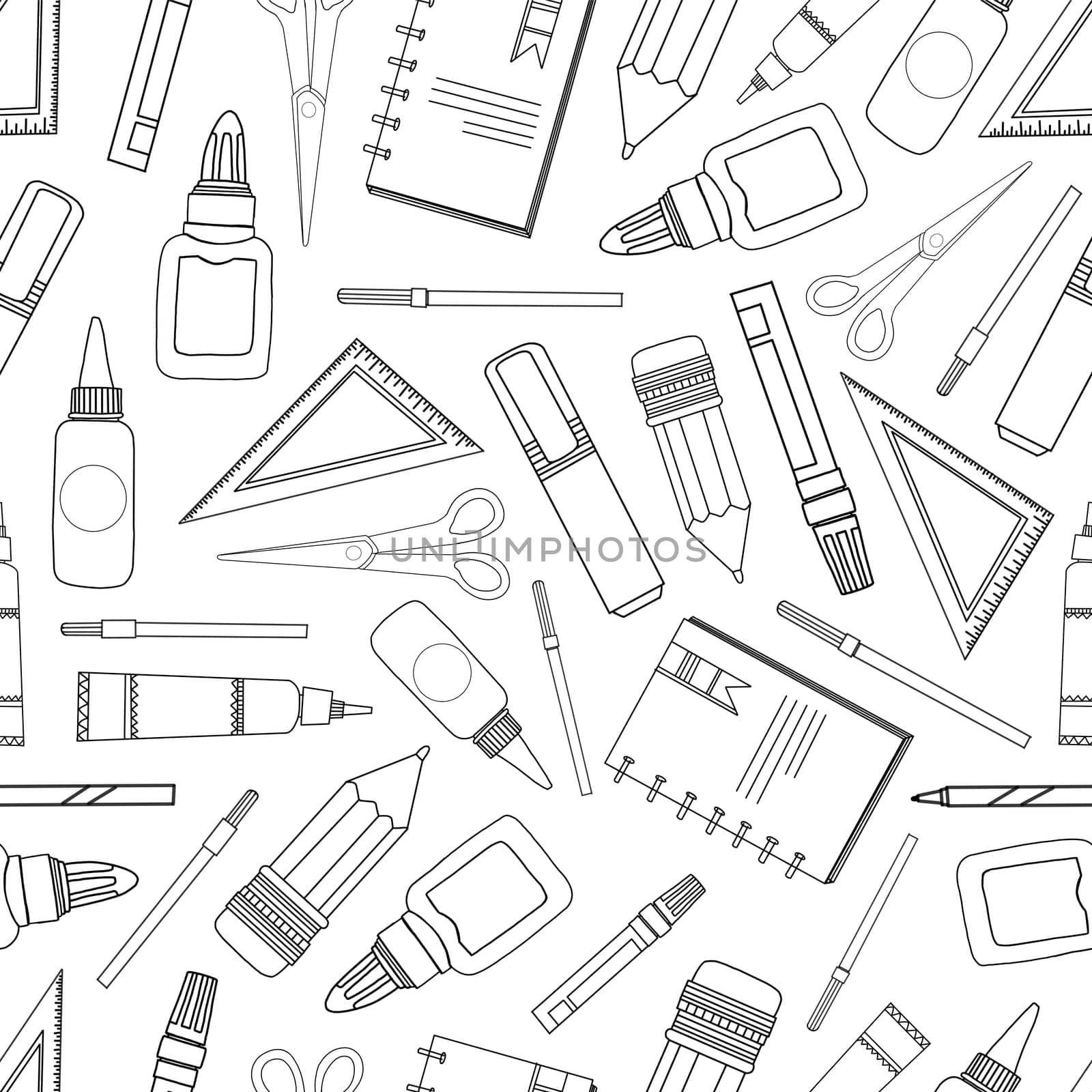 Seamless pattern school supplies. Stationery on a white background. Ruler, pencil, markers and felt-tip pens. SCHOOL AND TRAINING.