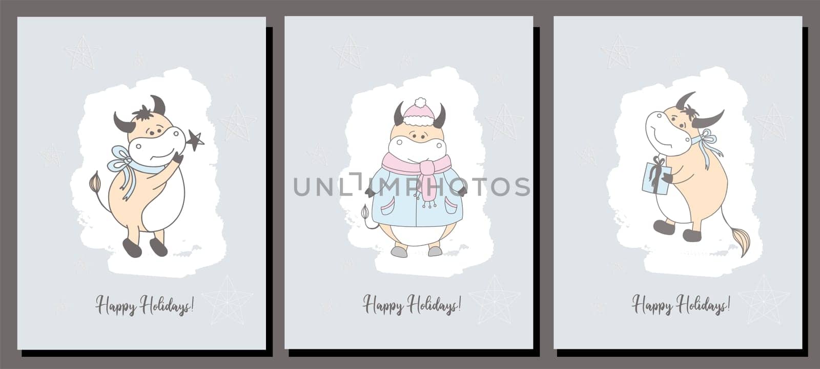 set of holiday cards. Christmas card. Year of the bull postcard. Poster. Ox character....