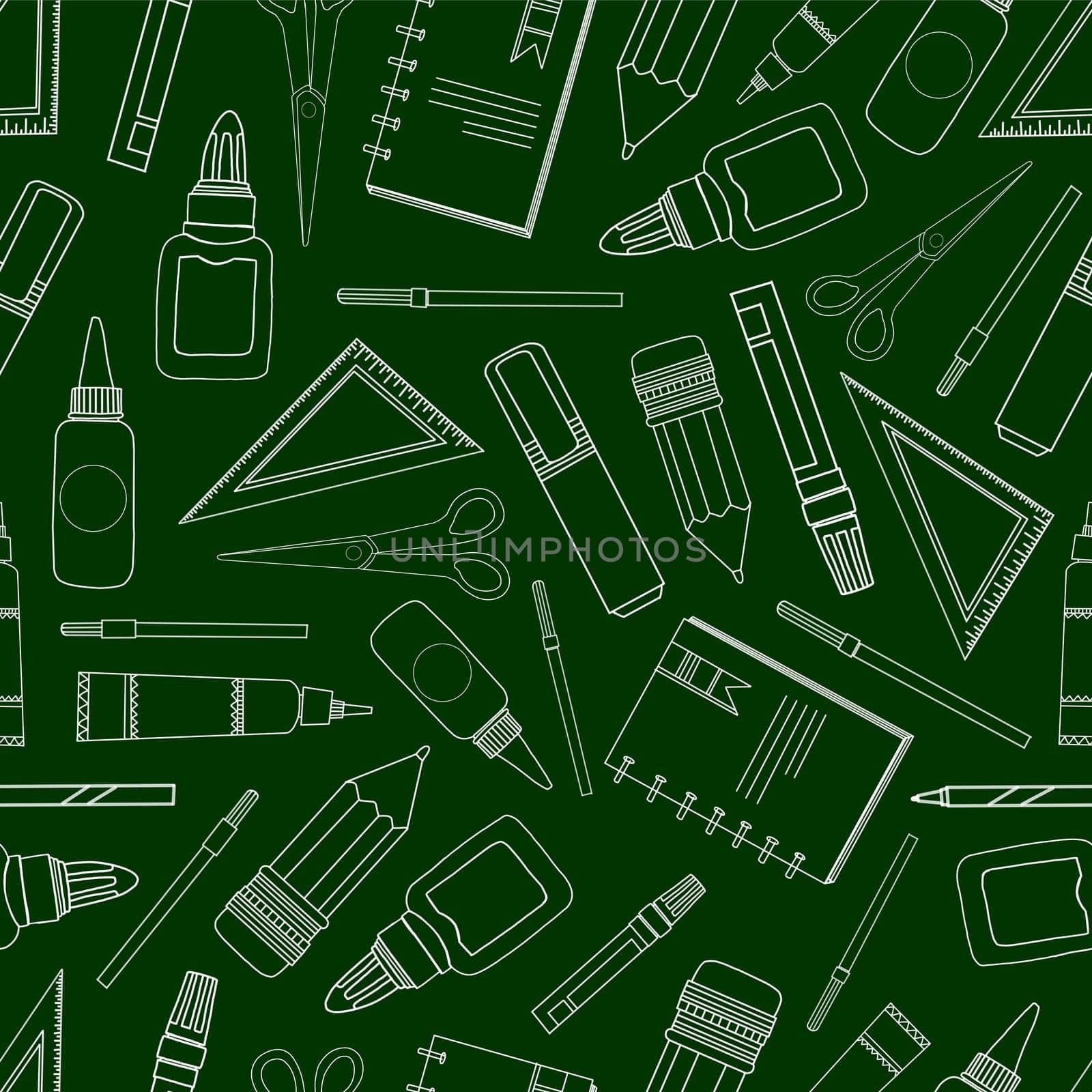 school background. school supplies. pencil, ruler and other stationery. green pattern