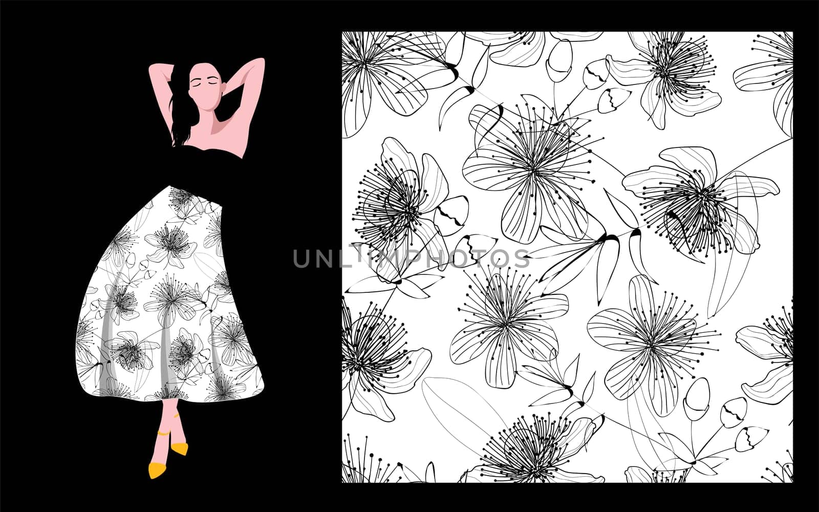 Print Textile Fabric Design Cool Floral Print Black Flowers White