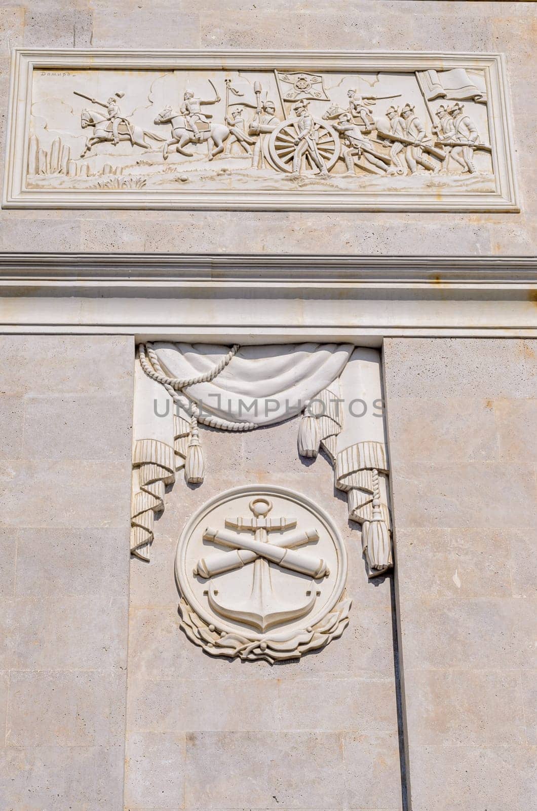 Anapa, Russia - 17 September 2020: Bas-reliefs on the Arc de Triomphe in honor of the victory in the Russian-Turkish war near the theater square in Anapa