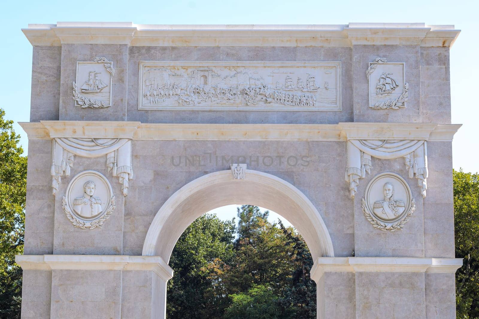Anapa, Russia - 17 September 2020: The upper part of the sculpture is a triumphal arch in honor of the victory in the Russian-Turkish war at the theater square in Anapa