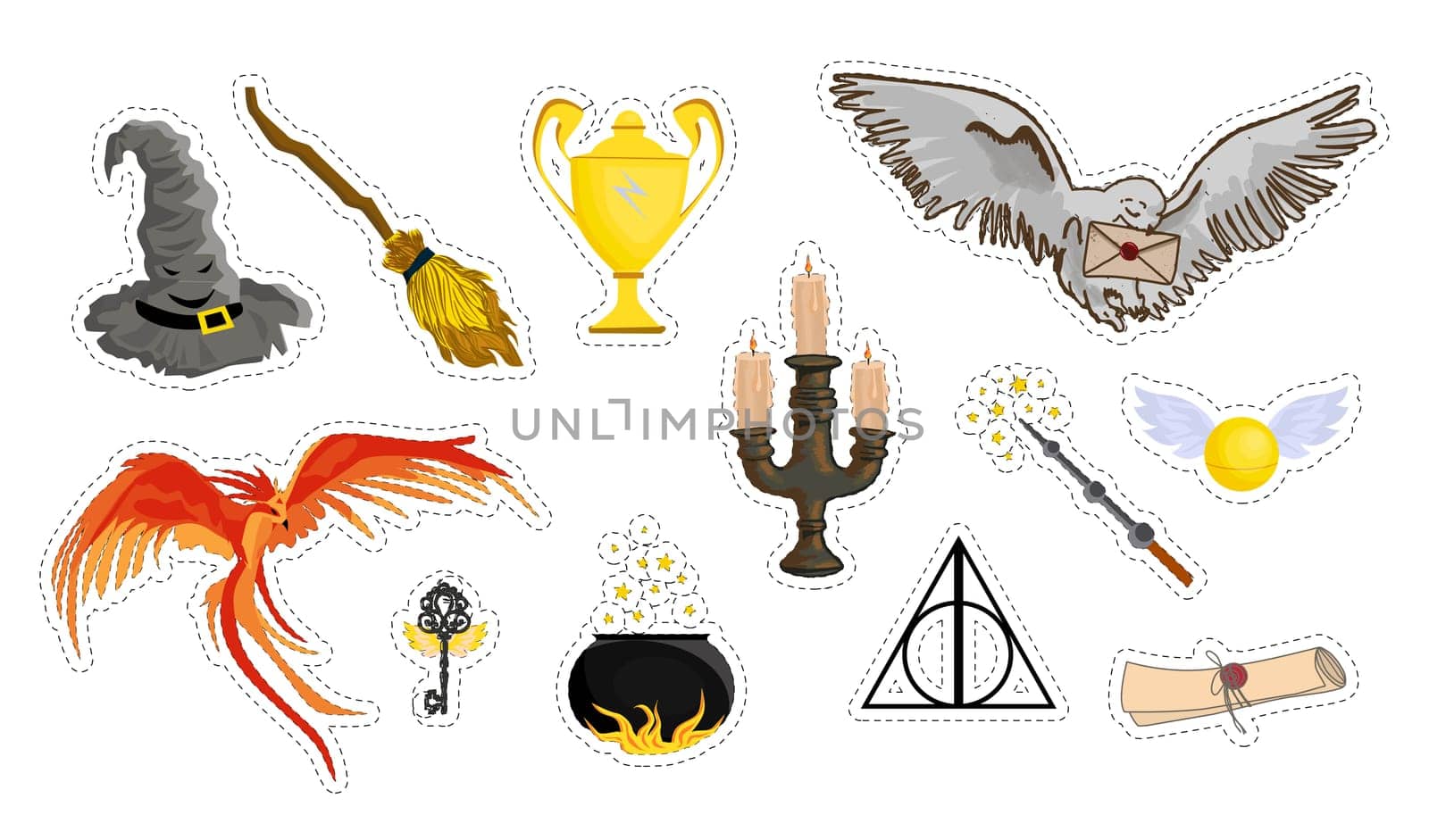 A set of magic items. school of magic and witchcraft. isolated on white. Vector illustration.