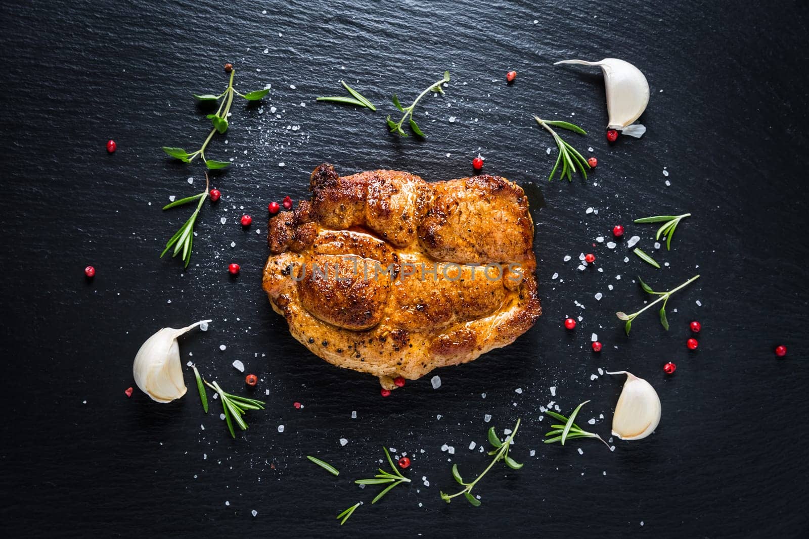 Grilled pork steak with spices, herbs and garlic on black background
