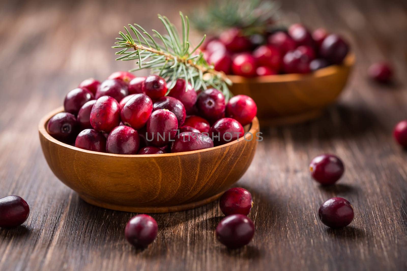Ripe organic cranberries in wooden bowl on wooden background.