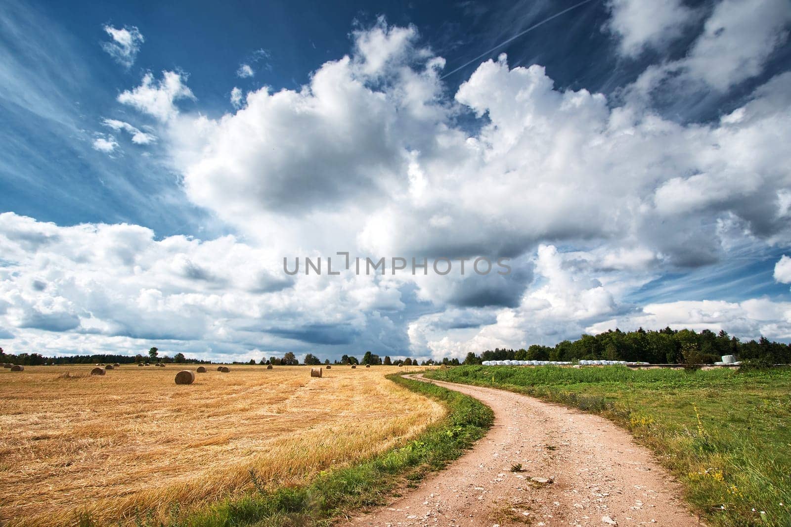 Countryside road on the field with dramatic sky