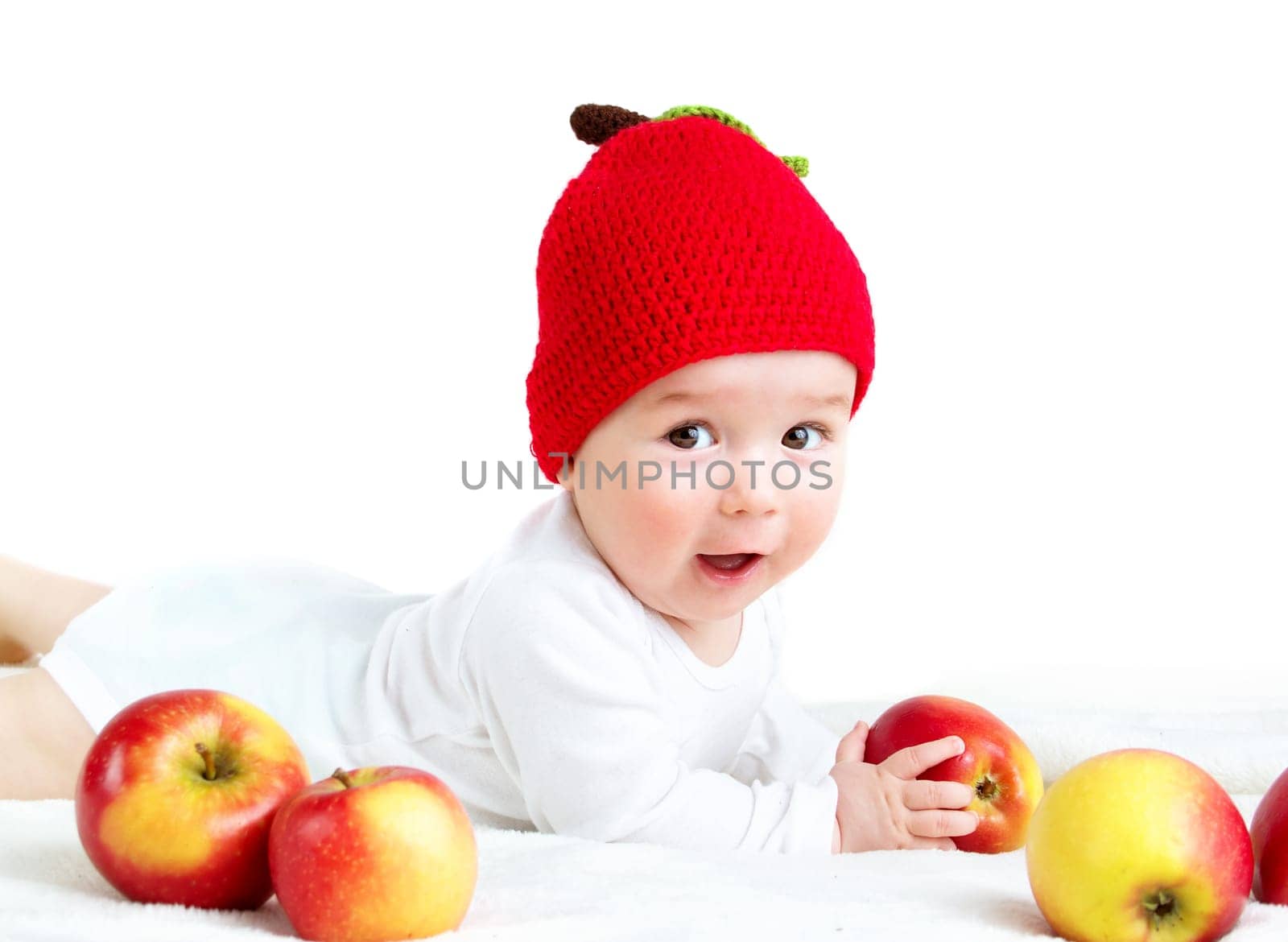 7 month old baby in apple hat
