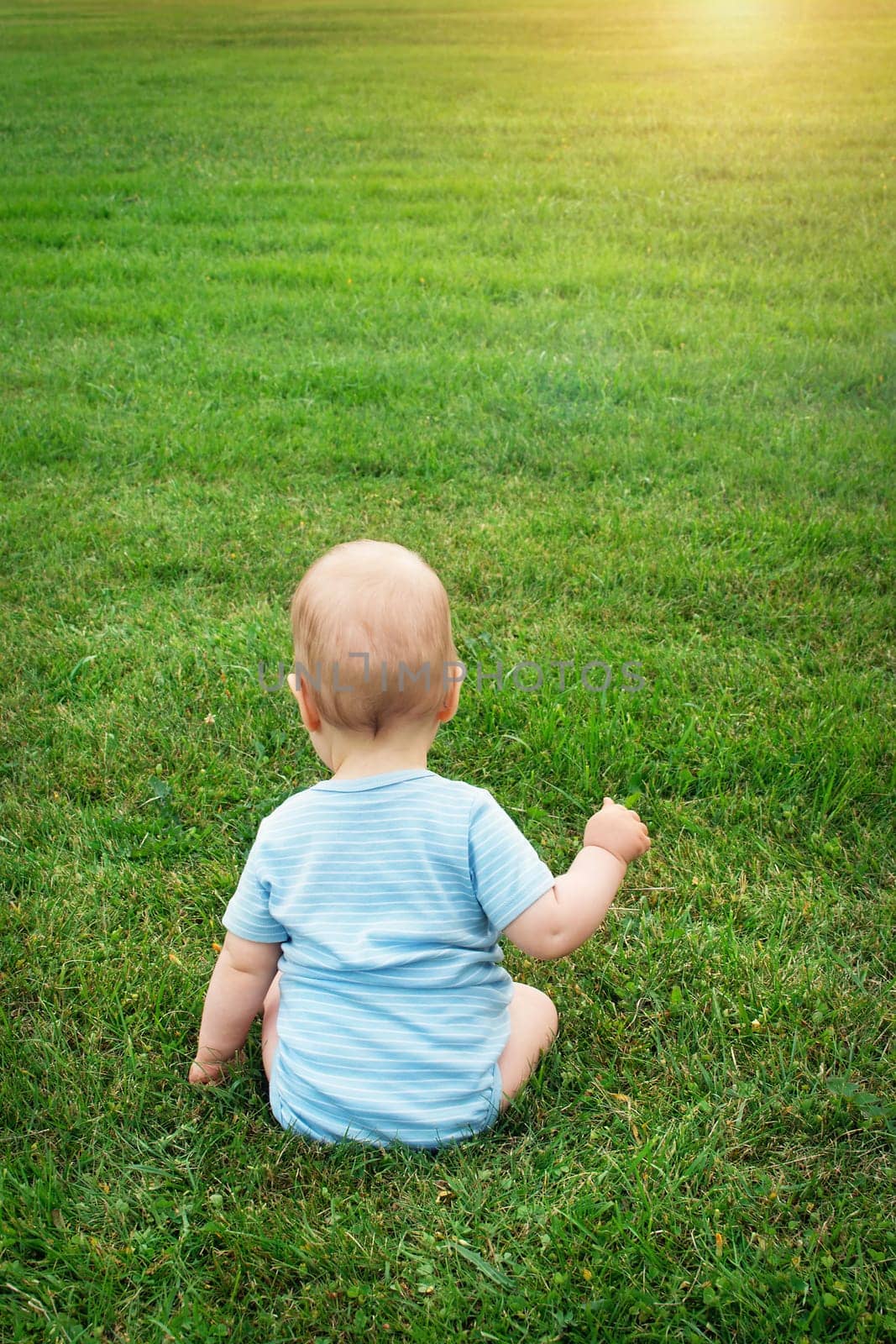 Little baby boy sitting on the grass