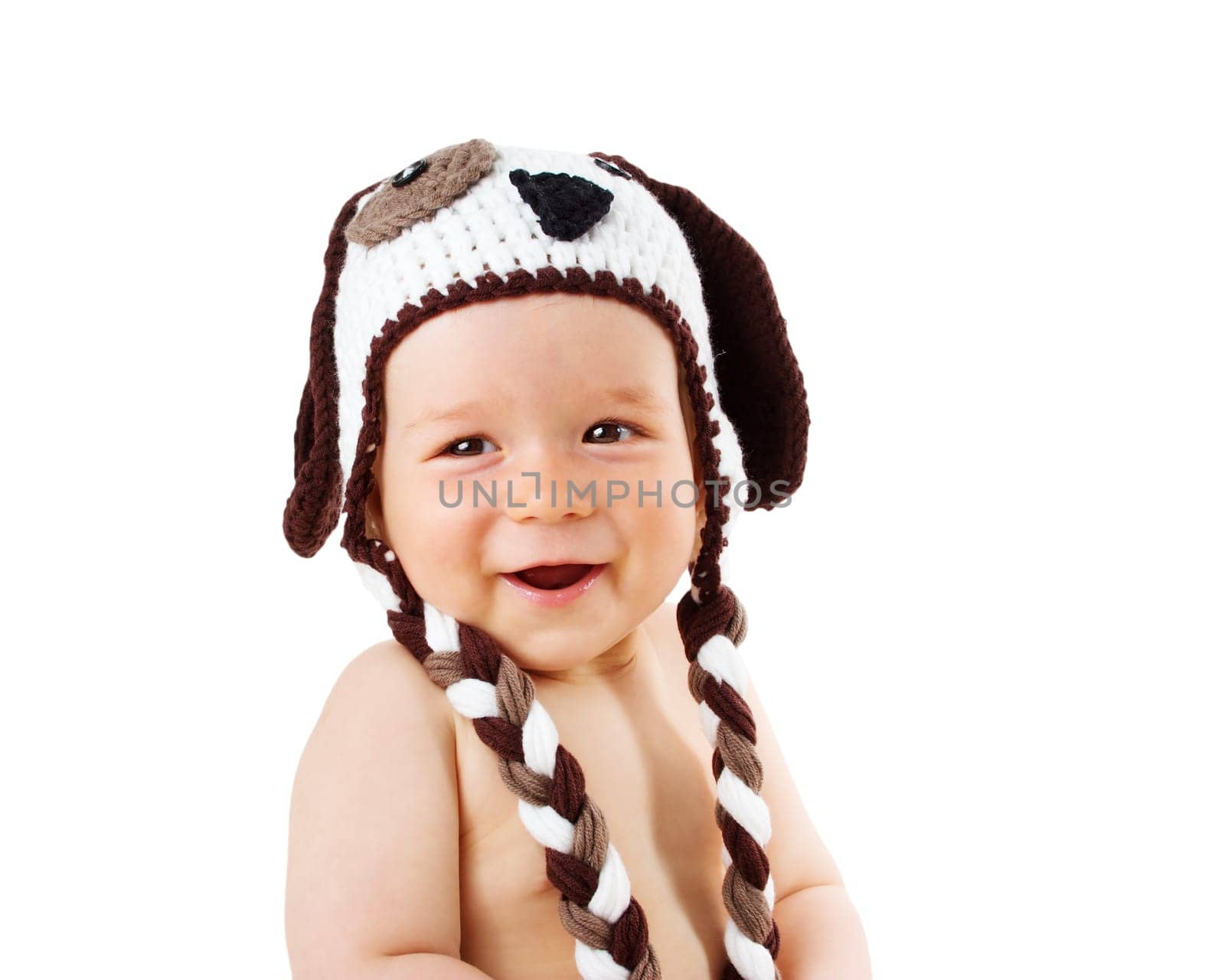 happy baby in dog hat smiling isolated on white background