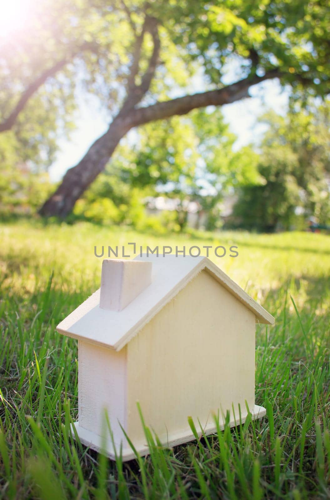 wooden house toy on the grass in garden