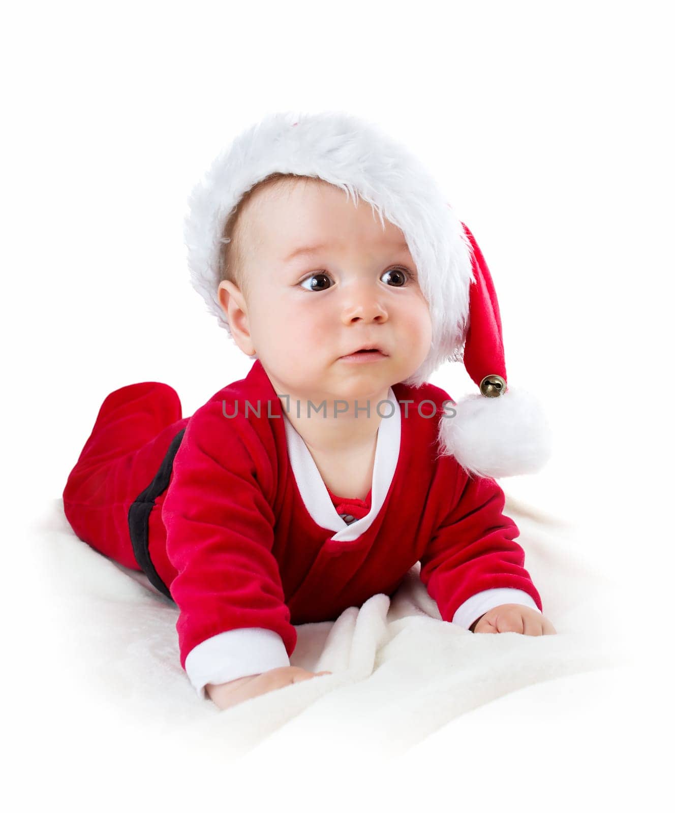 eight month old baby isolated on white background in santa costume