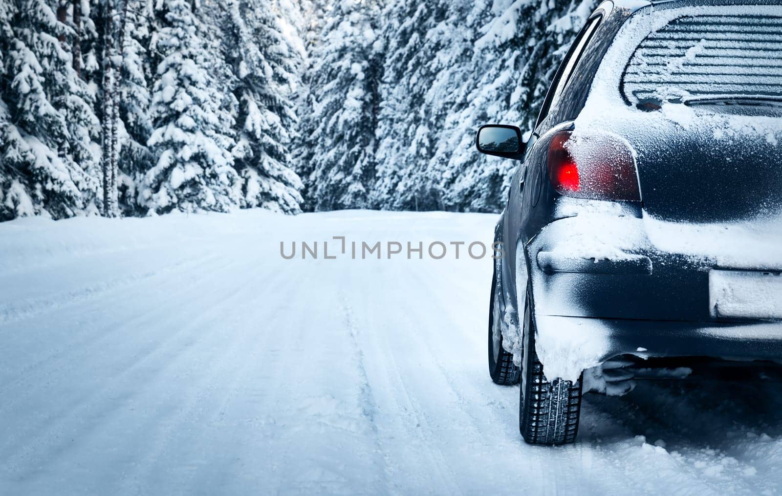 car on winter road in the forest