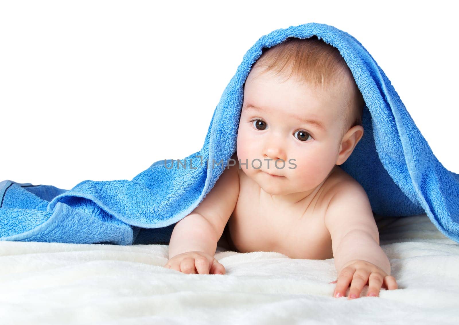 Cute eight month old baby wrapped in a towel isolated on white background