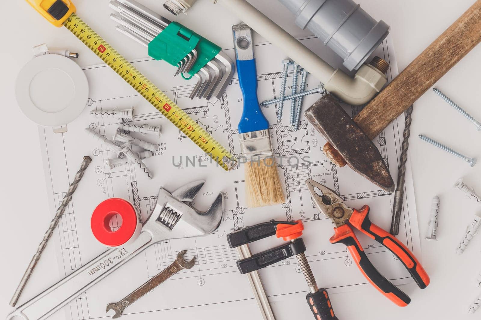 drawings and tools for repair and construction. Tio view.