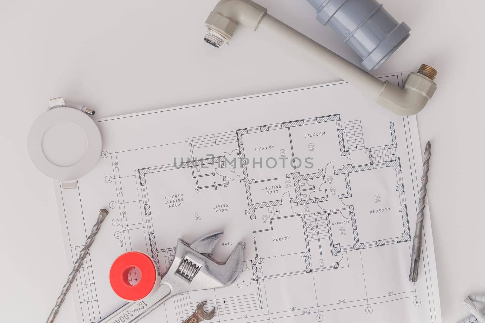 drawings and tools for repair and construction. Tio view.