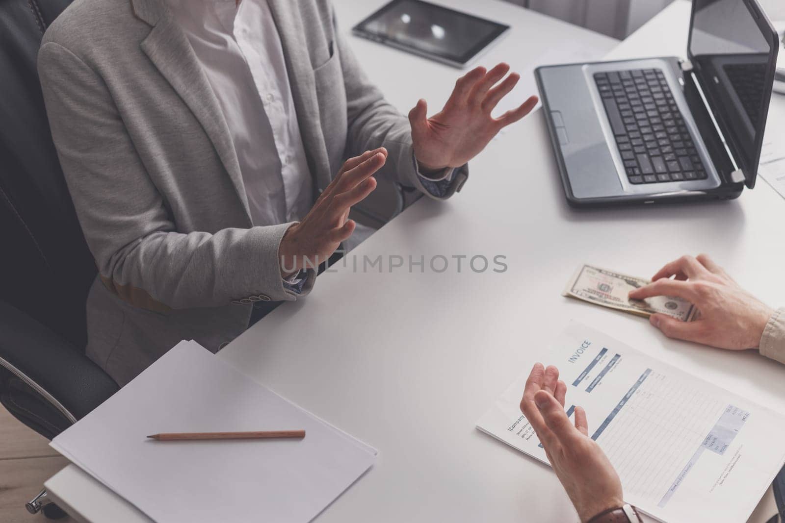 Disgusted male employee or honest official refusing to take bribe.