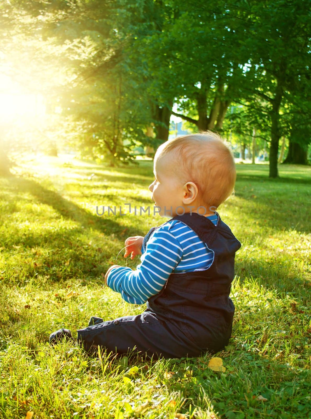 little nine month old baby sitting in the park in beautiful evening