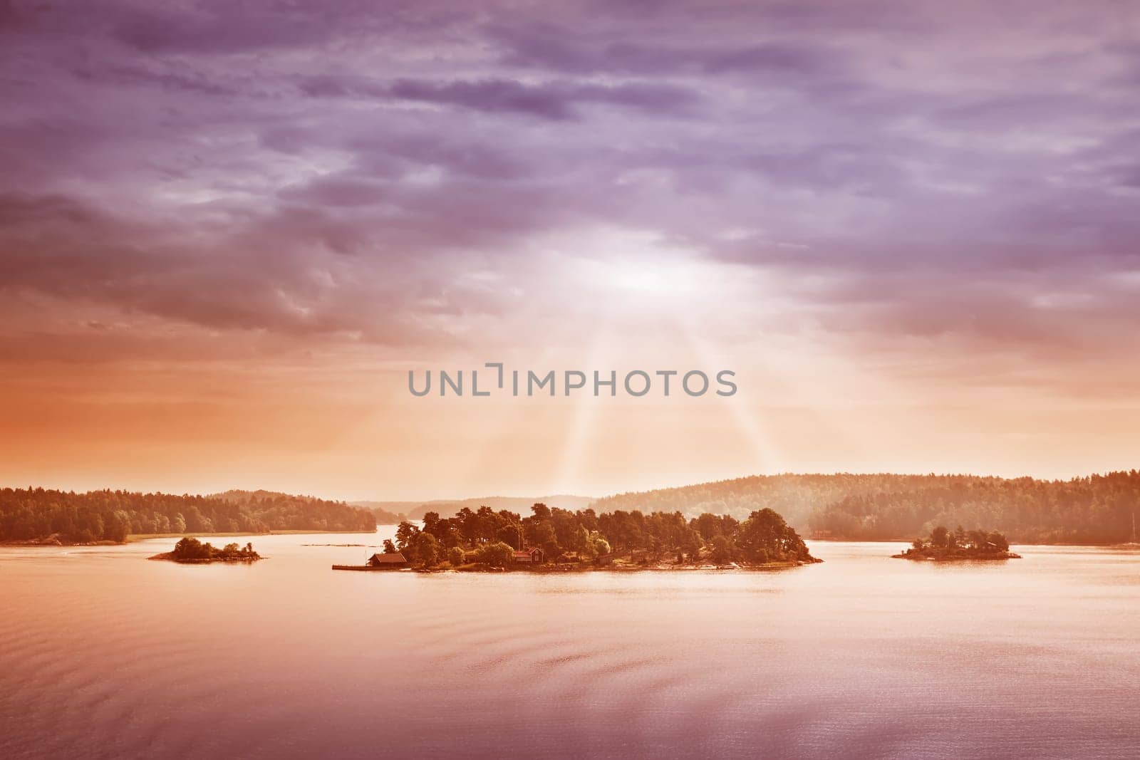 Small islands in the morning near to Stockholm. Swedish landscape