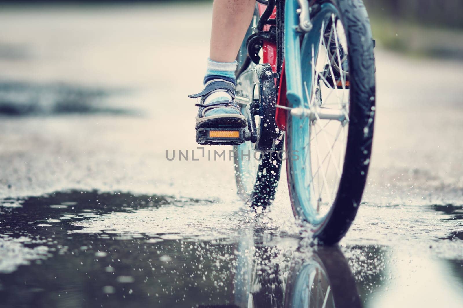 child on a bicycle at asphalt road in summer. Bike in the park moving through puddle on rainy day