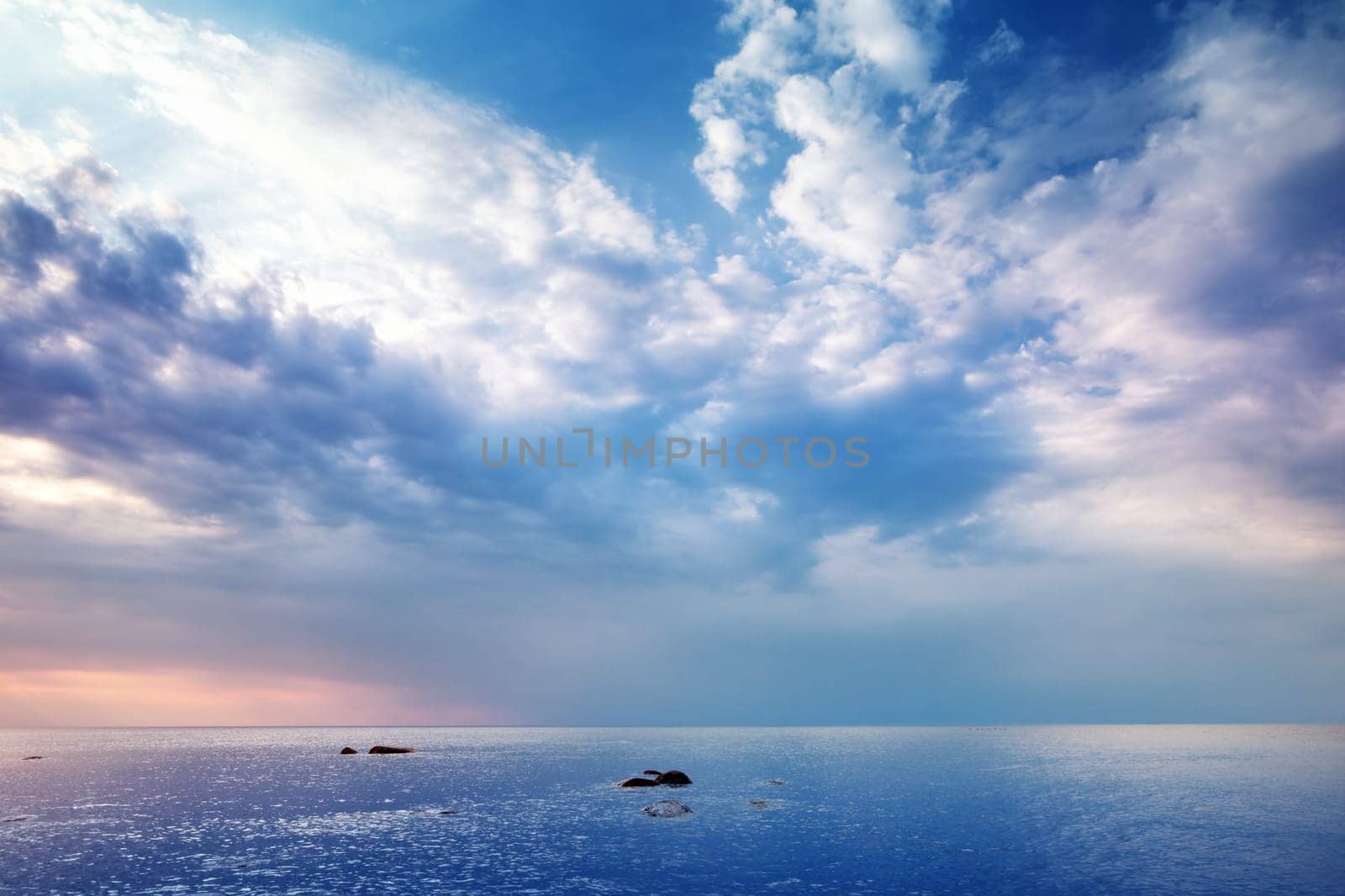 Beautiful sea view in sunset light. landscape with dramatic sky
