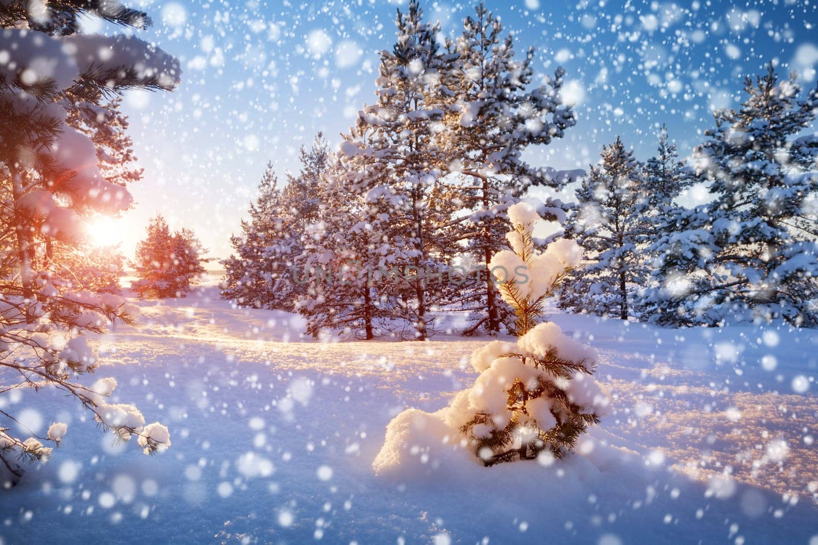 Beautiful tree in winter landscape in late evening in snowfall