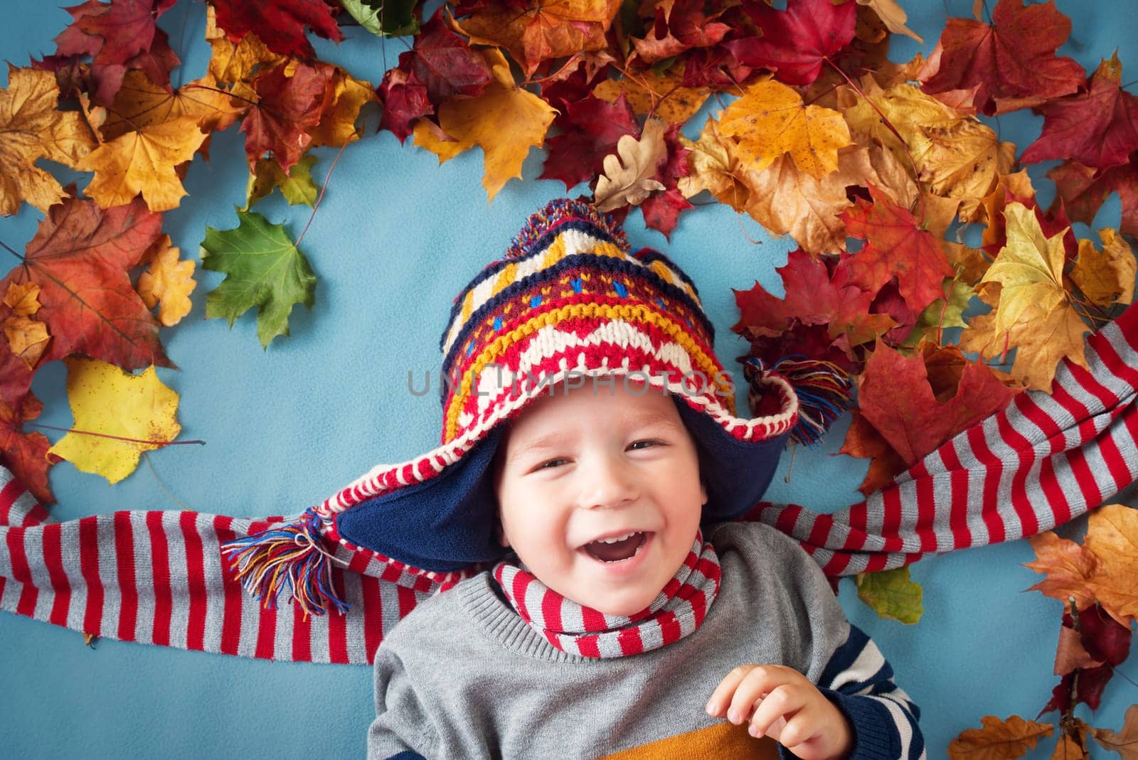 two years old boy dreaming in autumn. Child in hat and scarf and maple leaves on blue background