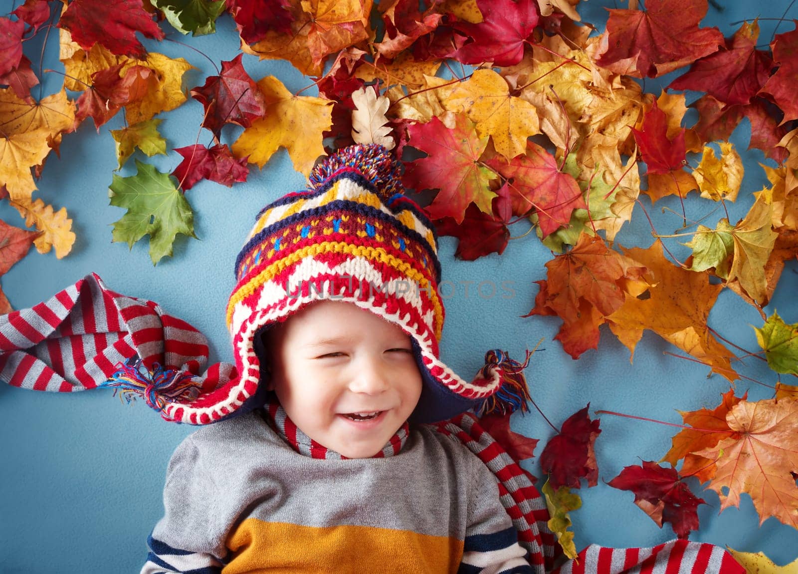 two years old boy dreaming in autumn. Child in hat and scarf and maple leaves on blue background