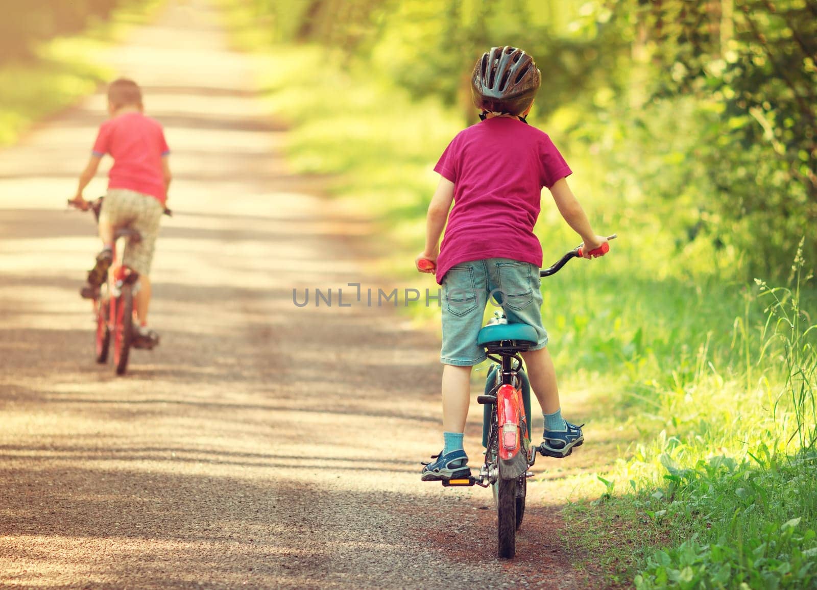 children riding on a bicycles at asphalt road in the park in summer