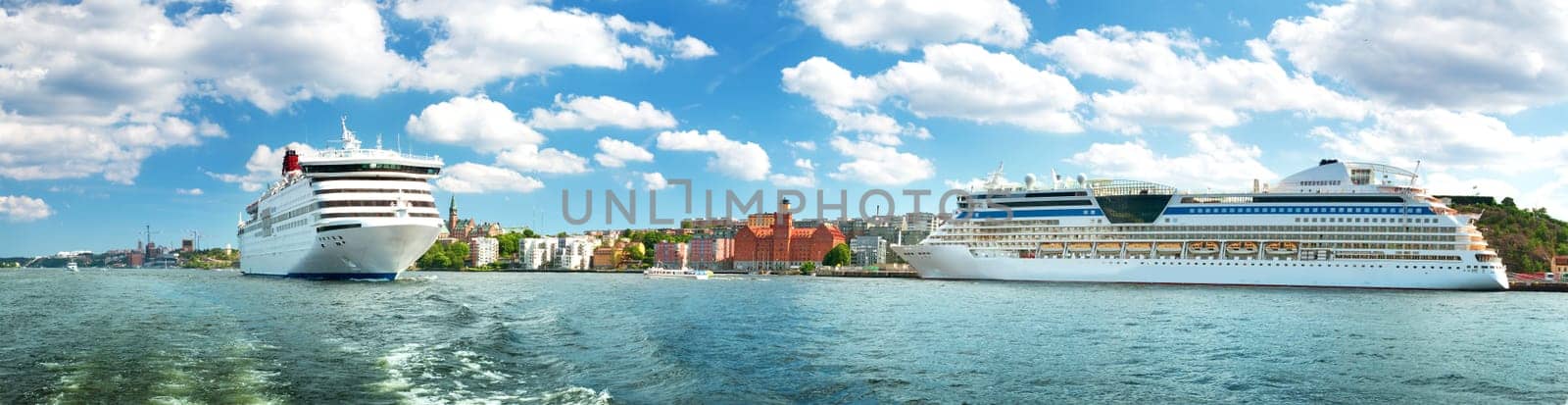 View to Stockholm from seaside in Sweden. Two ferries are at bay near stockholm on beautiful sunny day in summer.